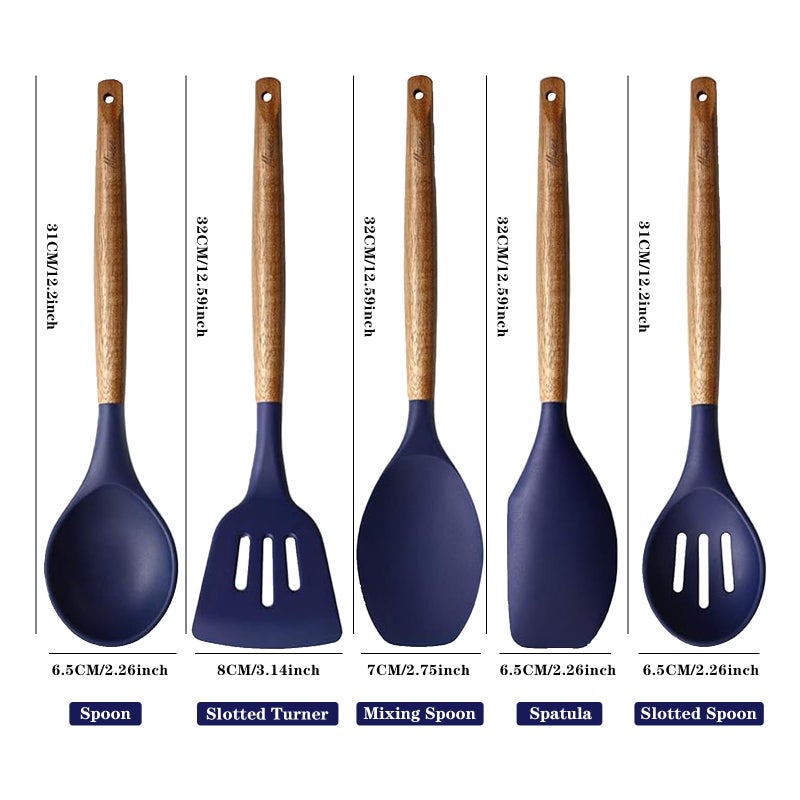 Miusco Non-Stick Silicone Kitchen Utensils Set with Natural Acacia Hard Wood Handle  5 Piece  Midnight Blue  BPA Free  Baking & Serving Silicone Cooking Utensils - Image 3